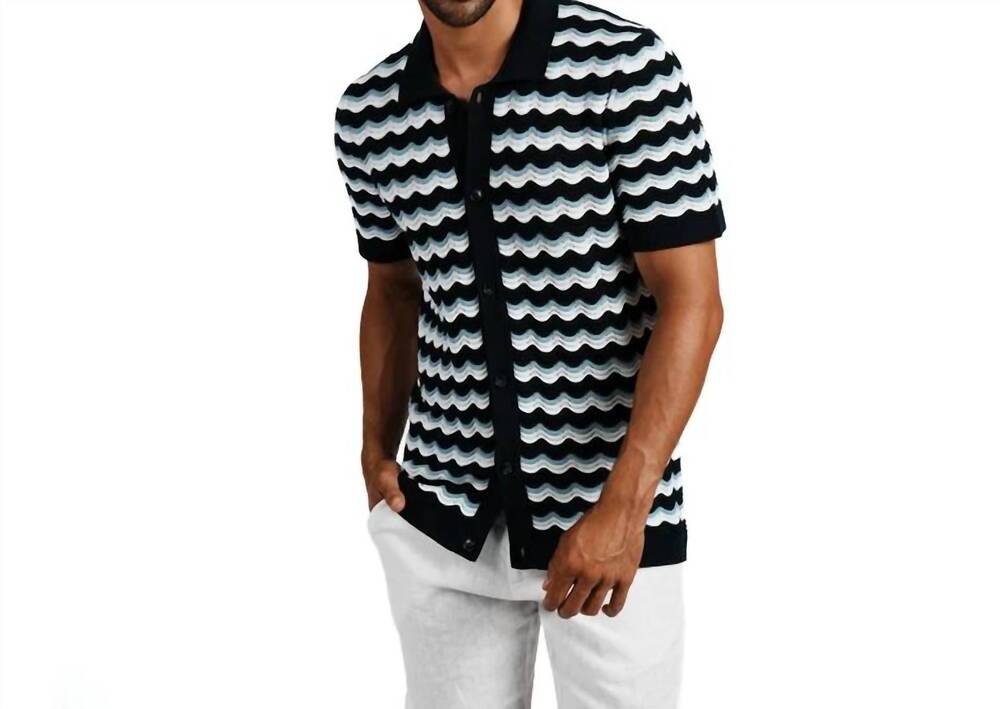 NEW EIGHT X the ripple crochet short sleeve button up polo shirt in navy